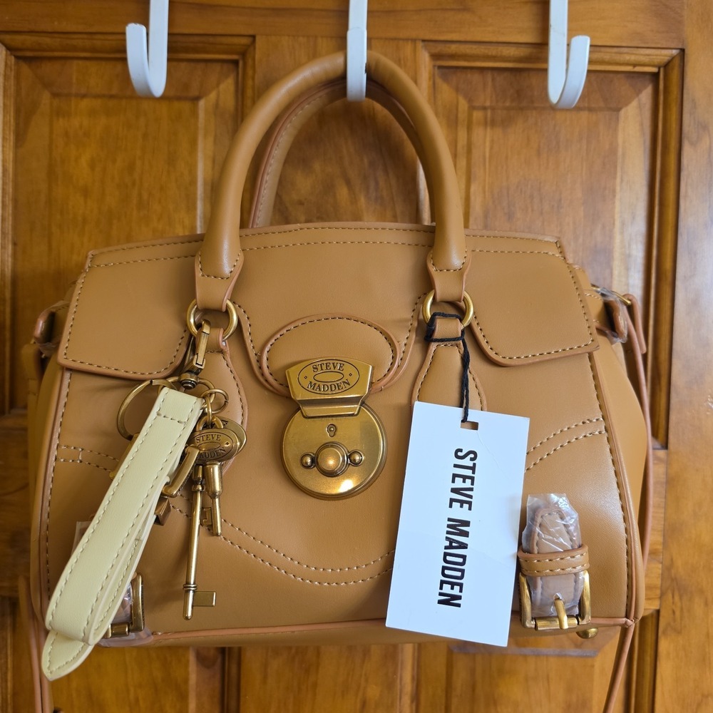 Steve Madden Medium Satchel Handbag Women Tan Faux Leather Gold Hardware New